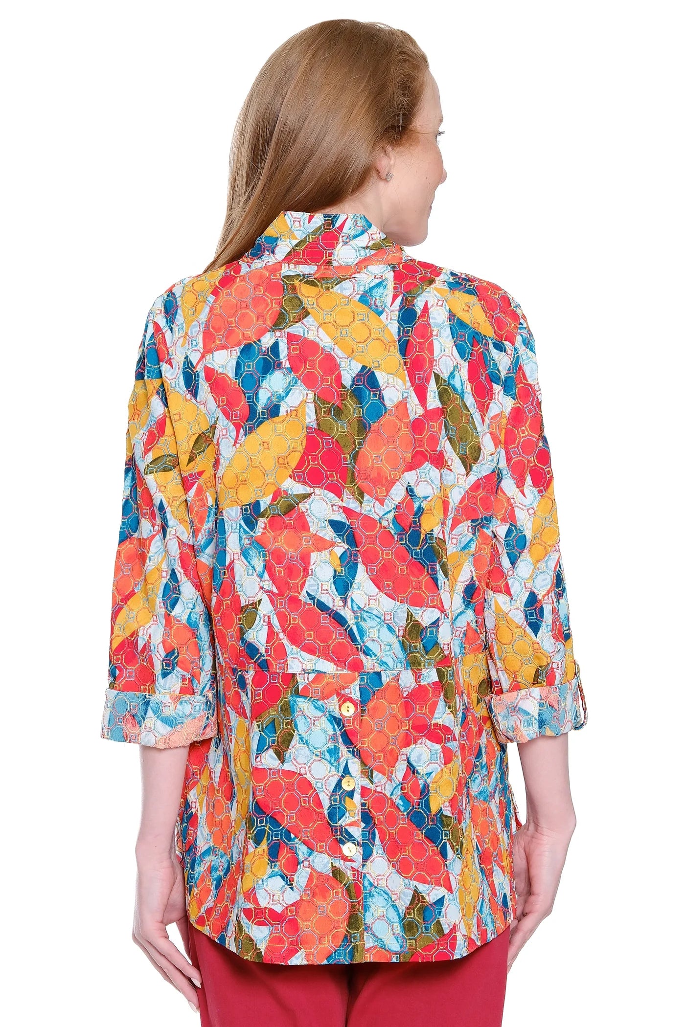 John Mark Colorful Embroidered Button Front Top