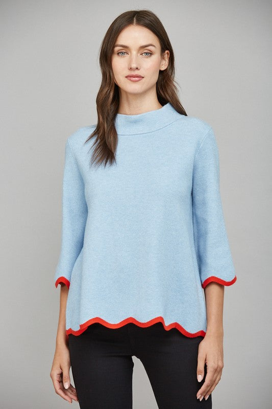 Scalloped Trim Blue Sweater