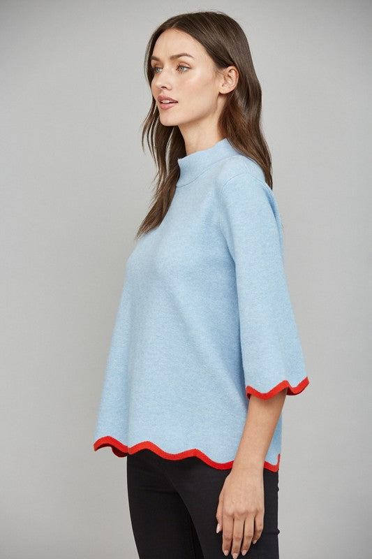 Scalloped Trim Blue Sweater