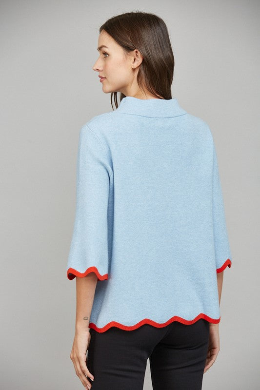 Scalloped Trim Blue Sweater