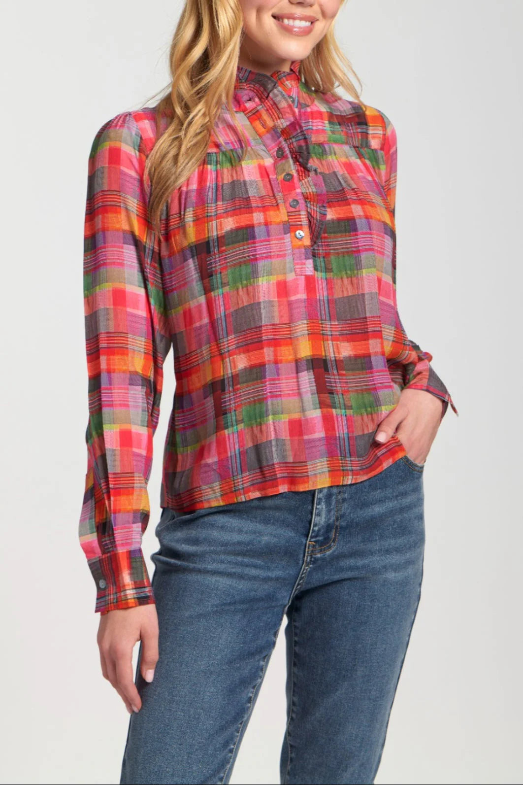 APNY Plaid Ruffle Neck Blouse