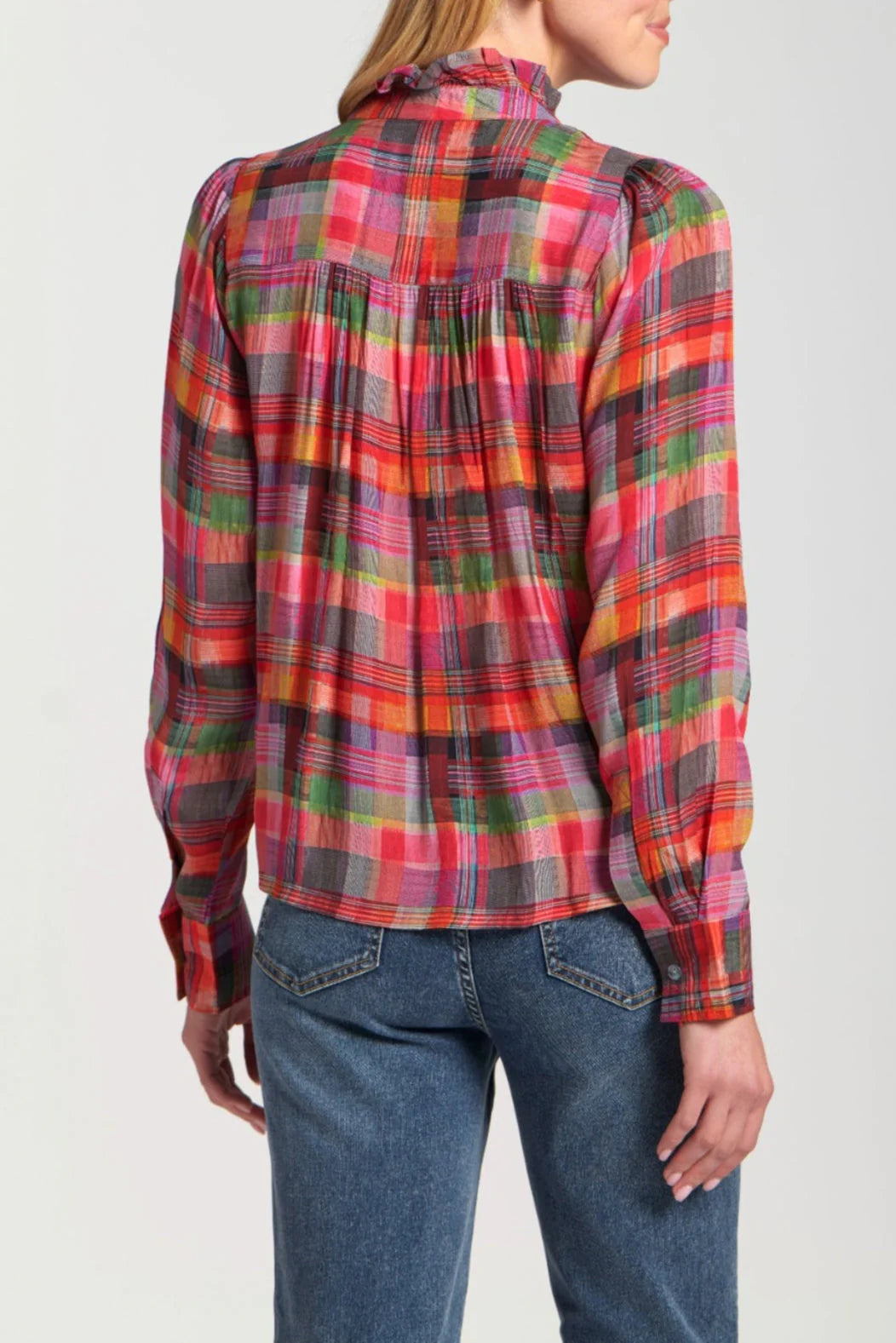 APNY Plaid Ruffle Neck Blouse