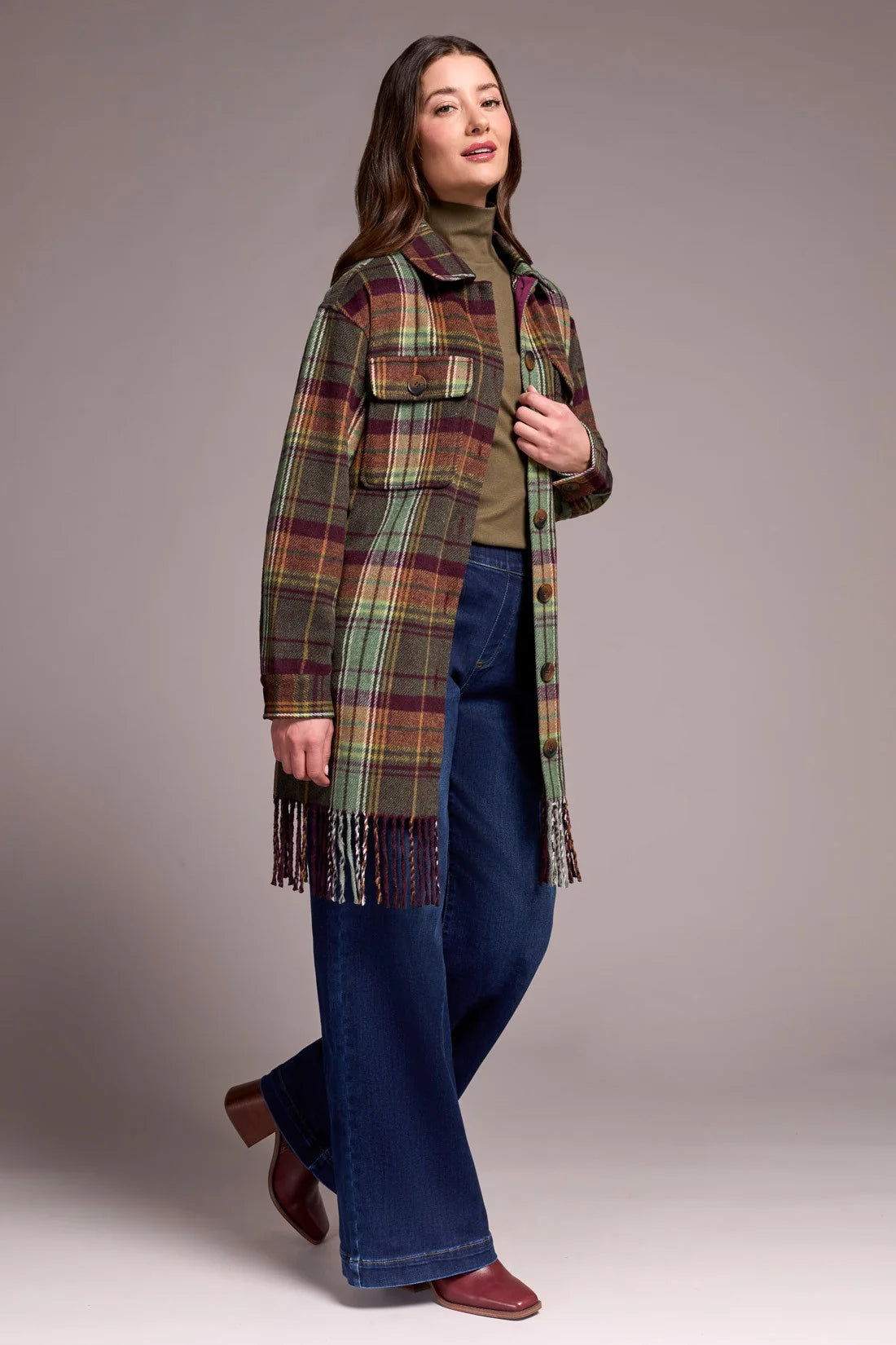 Tribal Plaid Fringe Shacket