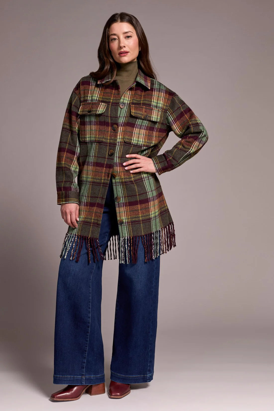 Tribal Plaid Fringe Shacket
