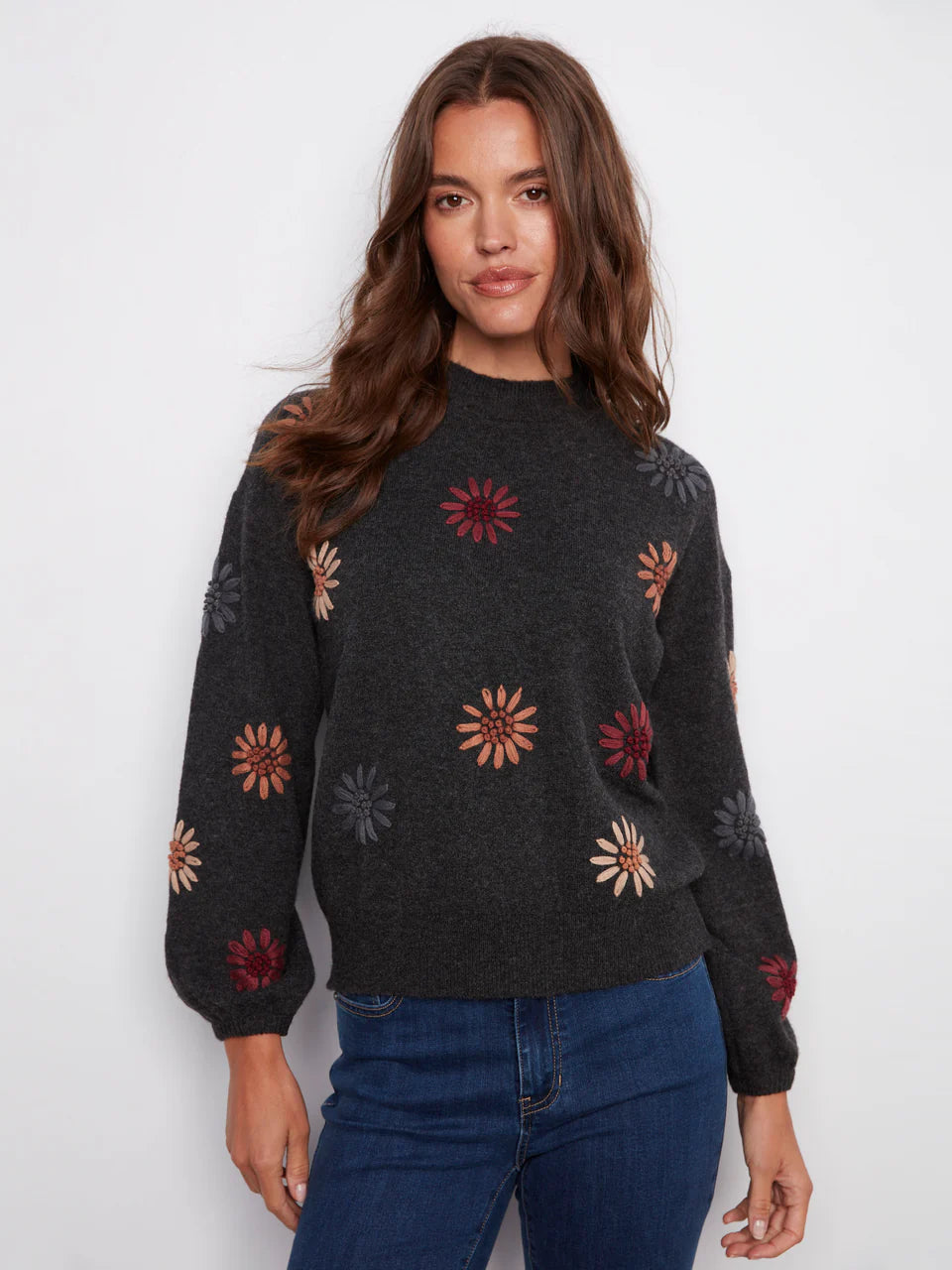 Charlie B Embroidered Charcoal Sweater