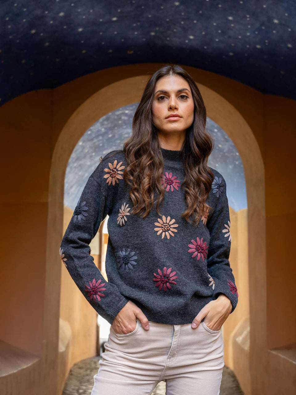 Charlie B Embroidered Charcoal Sweater