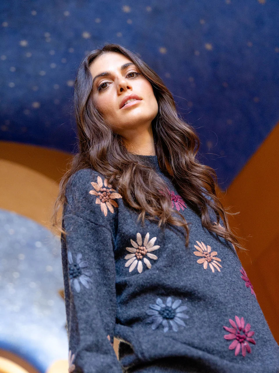 Charlie B Embroidered Charcoal Sweater