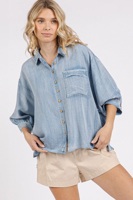 Chambray Boxy Button Front Top