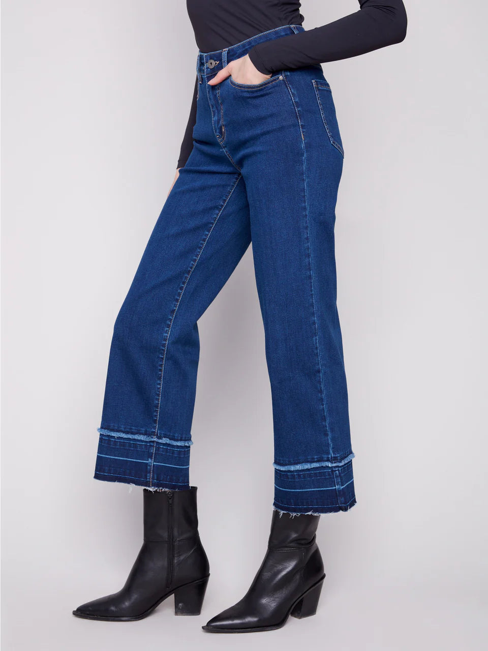 Charlie B Flare Leg Jean with Fringe Hem